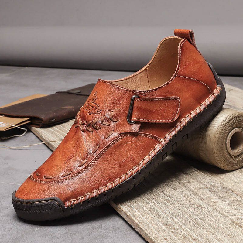 Hombres De Cuero Genuino Cosido A Mano Transpirable Suela Suave Gancho Bucle Oxfords Zapatos Casuales