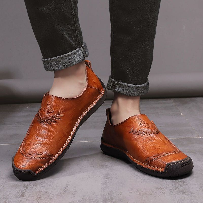 Hombres De Cuero Genuino Cosido A Mano Transpirable Suela Suave Gancho Bucle Oxfords Zapatos Casuales