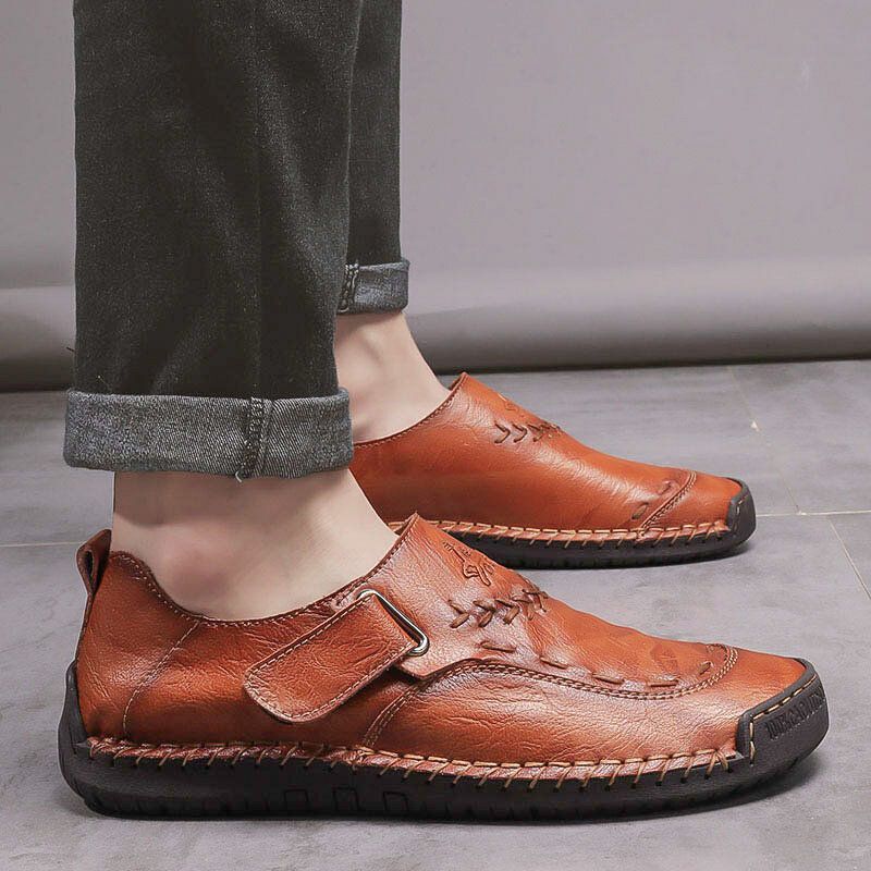 Hombres De Cuero Genuino Cosido A Mano Transpirable Suela Suave Gancho Bucle Oxfords Zapatos Casuales