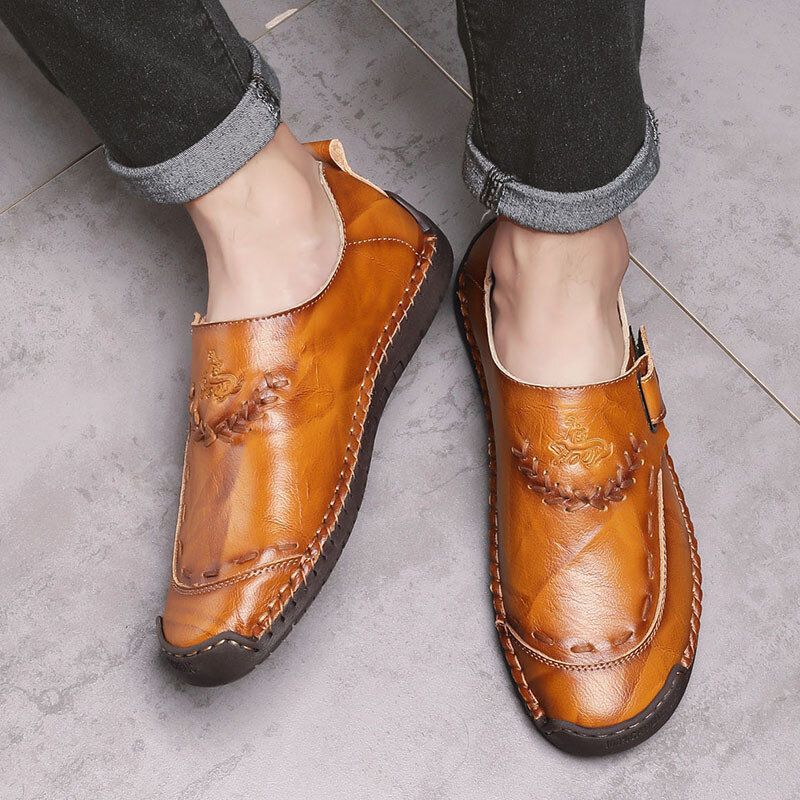 Hombres De Cuero Genuino Cosido A Mano Transpirable Suela Suave Gancho Bucle Oxfords Zapatos Casuales