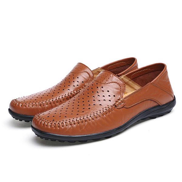 Hombres Pisos Casual Cuero Al Aire Libre Slip-on Hollow Out Flats Zapatos