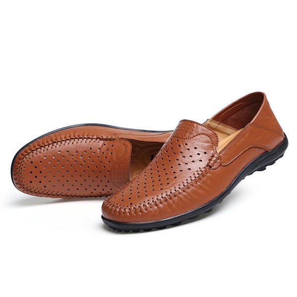 Hombres Pisos Casual Cuero Al Aire Libre Slip-on Hollow Out Flats Zapatos