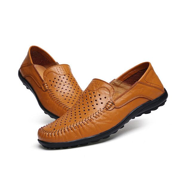 Hombres Pisos Casual Cuero Al Aire Libre Slip-on Hollow Out Flats Zapatos