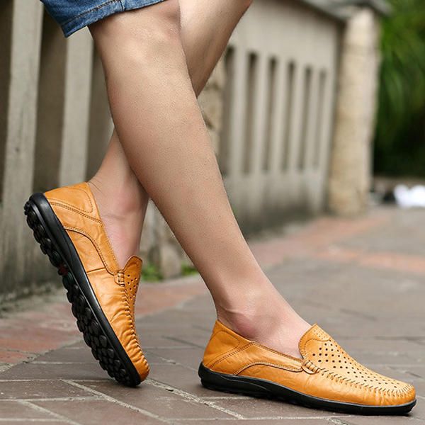 Hombres Pisos Casual Cuero Al Aire Libre Slip-on Hollow Out Flats Zapatos