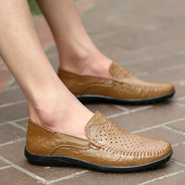 Hombres Pisos Casual Cuero Al Aire Libre Slip-on Hollow Out Flats Zapatos