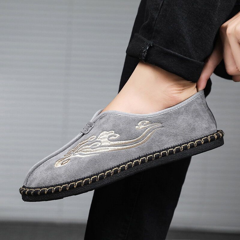 Hombres Retro Bordado Suede Cómodo Slip On Mocasines Zapatos De Conducción Casuales