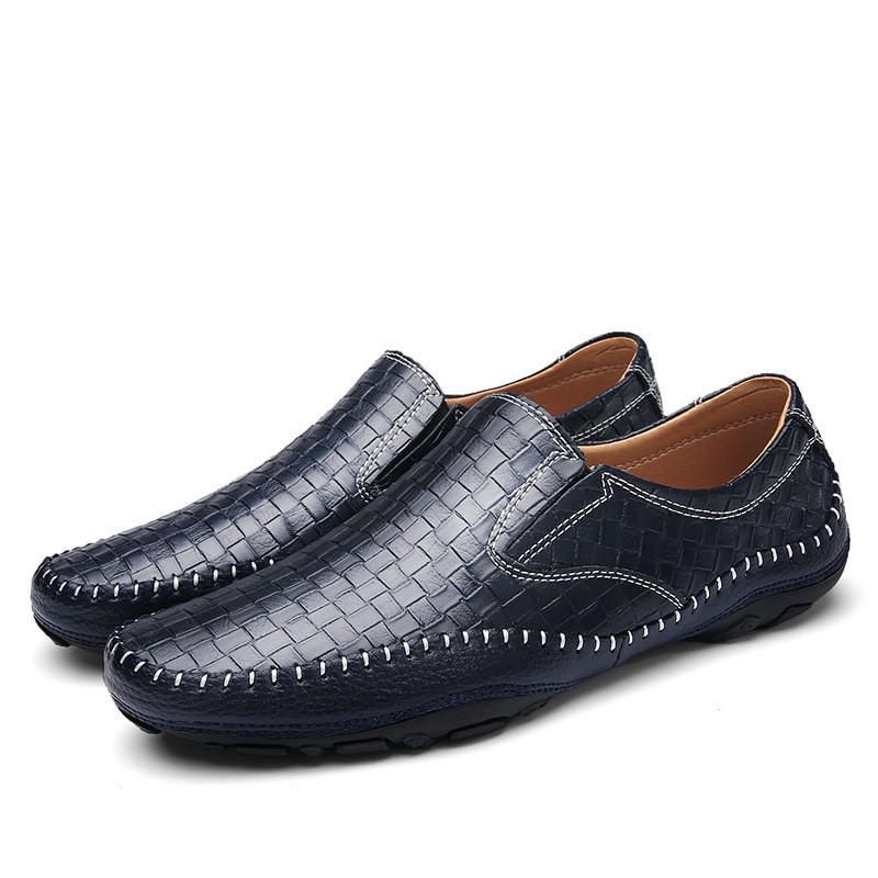 Mocasines Casuales De Estilo Tejido De Cuero Genuino Para Hombre