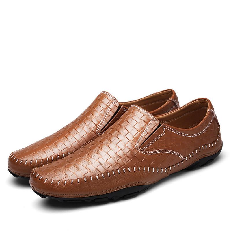 Mocasines Casuales De Estilo Tejido De Cuero Genuino Para Hombre