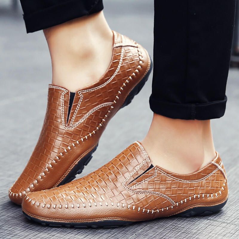 Mocasines Casuales De Estilo Tejido De Cuero Genuino Para Hombre