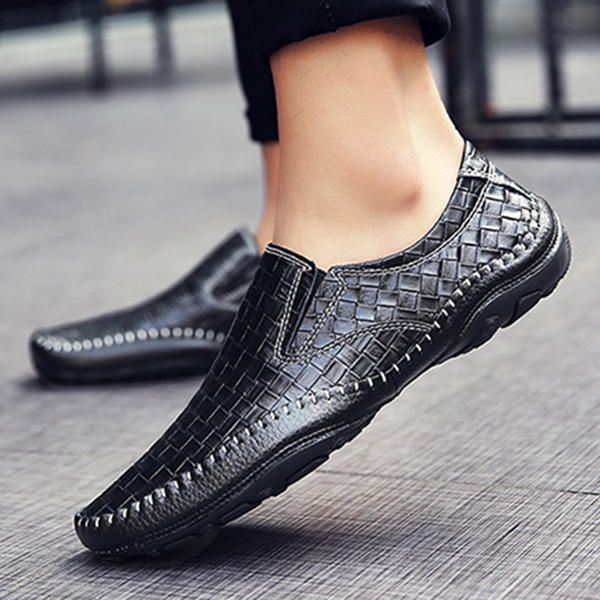 Mocasines Casuales De Estilo Tejido De Cuero Genuino Para Hombre