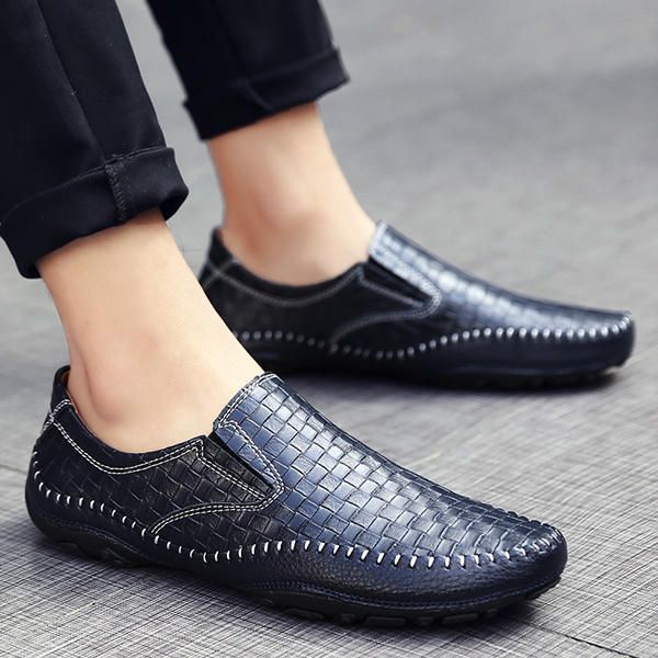 Mocasines Casuales De Estilo Tejido De Cuero Genuino Para Hombre