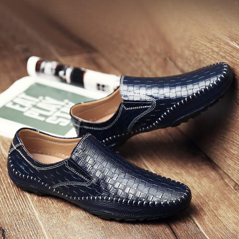 Mocasines Casuales De Estilo Tejido De Cuero Genuino Para Hombre