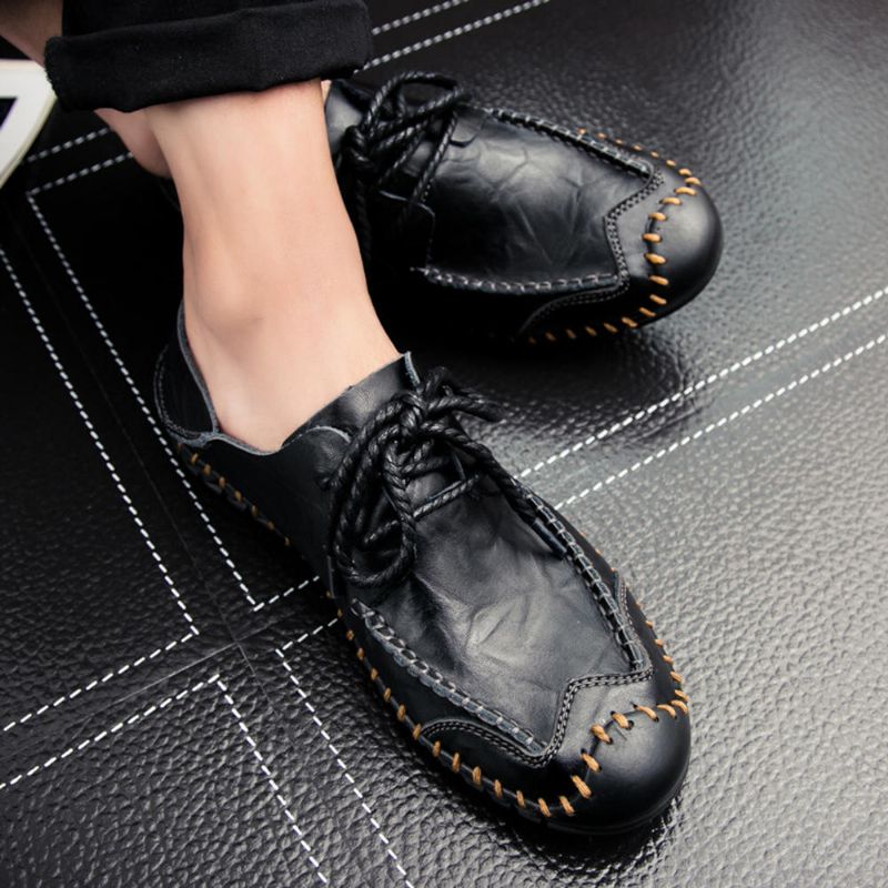 Mocasines Planos De Cuero Genuino Suave Para Hombres Zapatos De Cuero Con Cordones