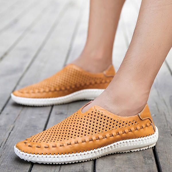 Mocasines Planos Transpirables Con Costura Suave A Mano Para Hombre