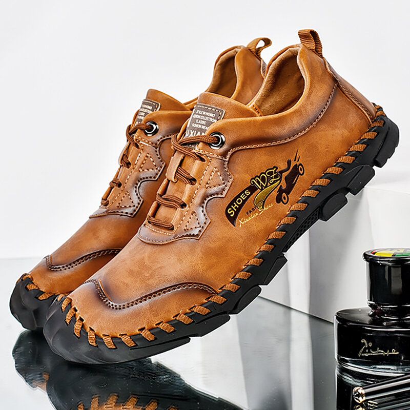 Zapatos Casuales Antideslizantes De Cuero Genuino Cosidos A Mano Para Hombres