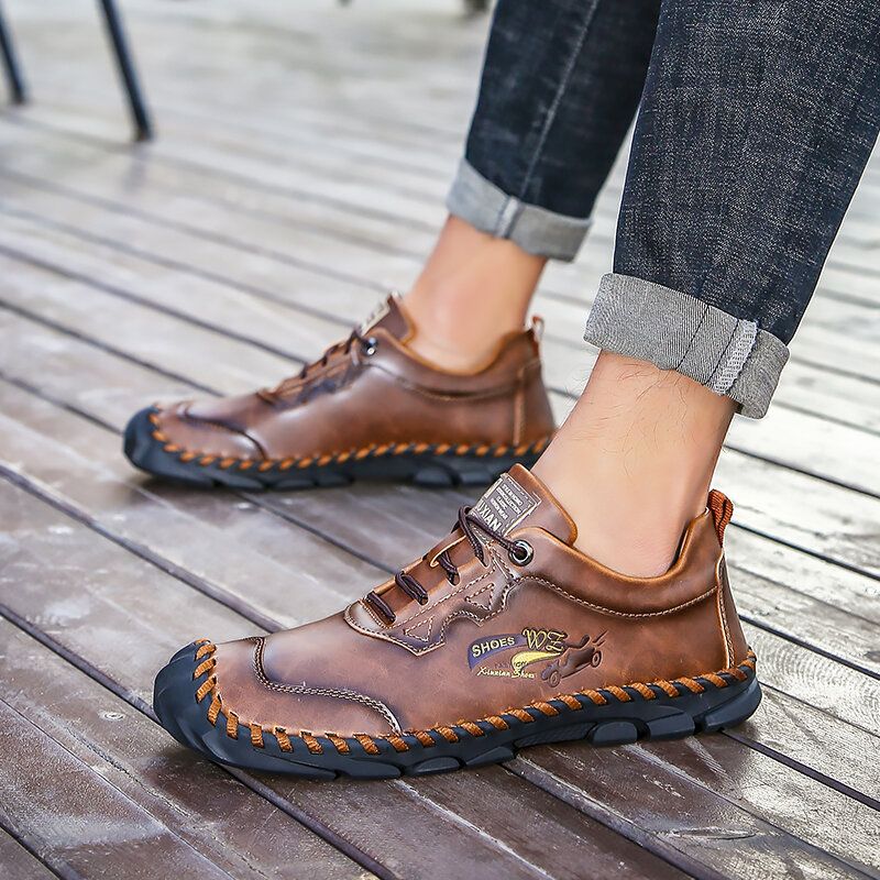 Zapatos Casuales Antideslizantes De Cuero Genuino Cosidos A Mano Para Hombres