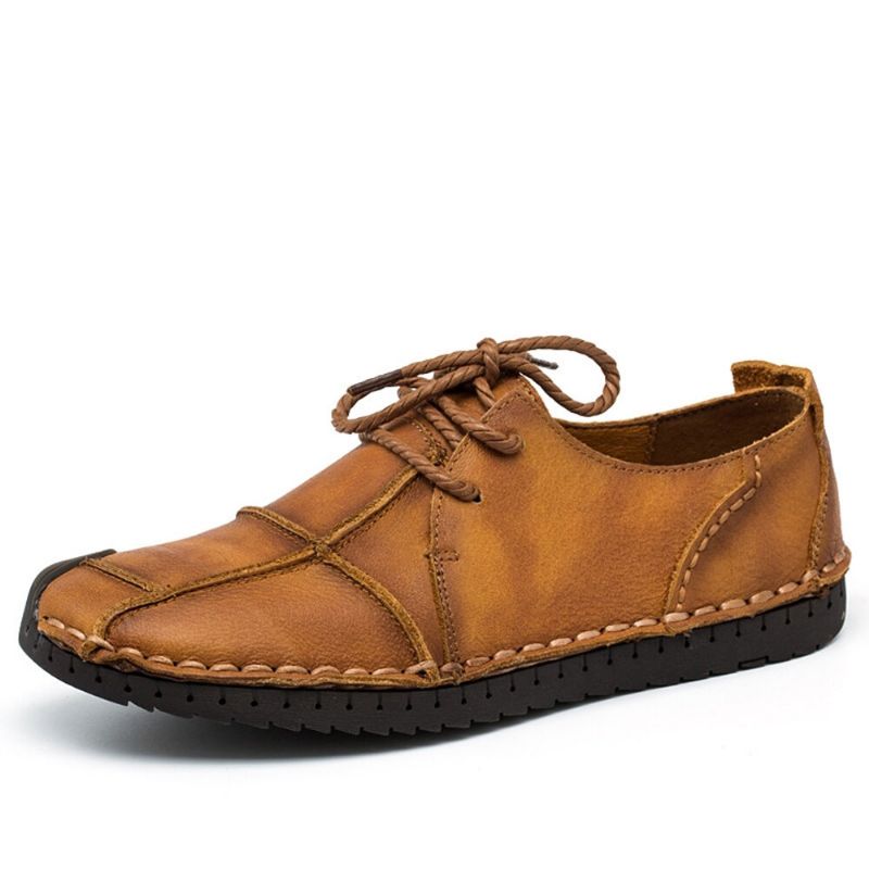 Zapatos Casuales Antideslizantes De Cuero De Microfibra Cosidos A Mano Retro Con Punta De Gorra Para Hombre