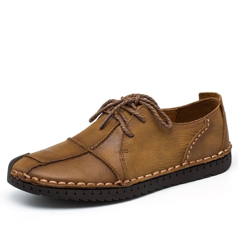 Zapatos Casuales Antideslizantes De Cuero De Microfibra Cosidos A Mano Retro Con Punta De Gorra Para Hombre