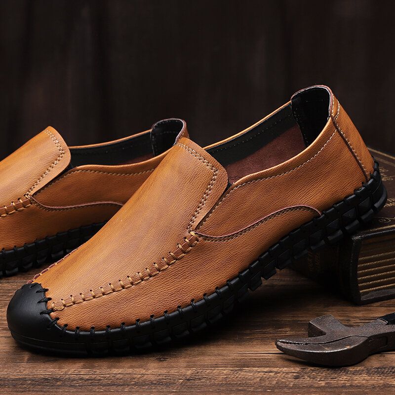 Zapatos Casuales Con Cordones Elásticos Suaves De Cuero De Vaca Cosido A Mano Para Hombres