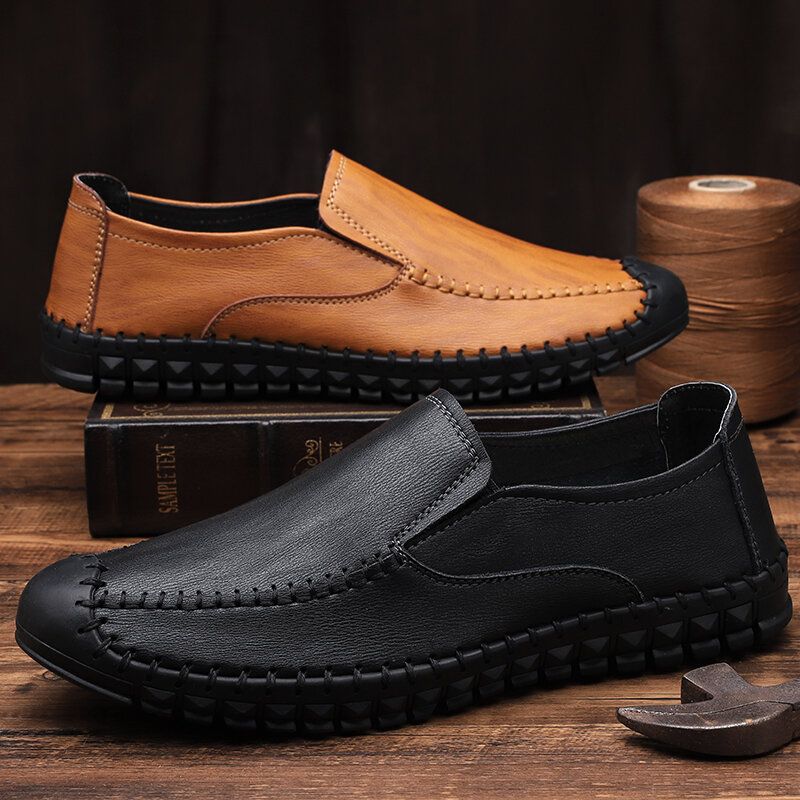 Zapatos Casuales Con Cordones Elásticos Suaves De Cuero De Vaca Cosido A Mano Para Hombres