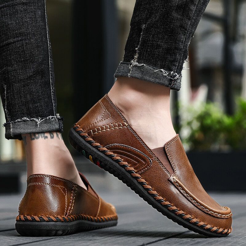 Zapatos Casuales De Costura A Mano Sin Cordones Antideslizantes De Cuero Suave De Color Puro Para Hombre