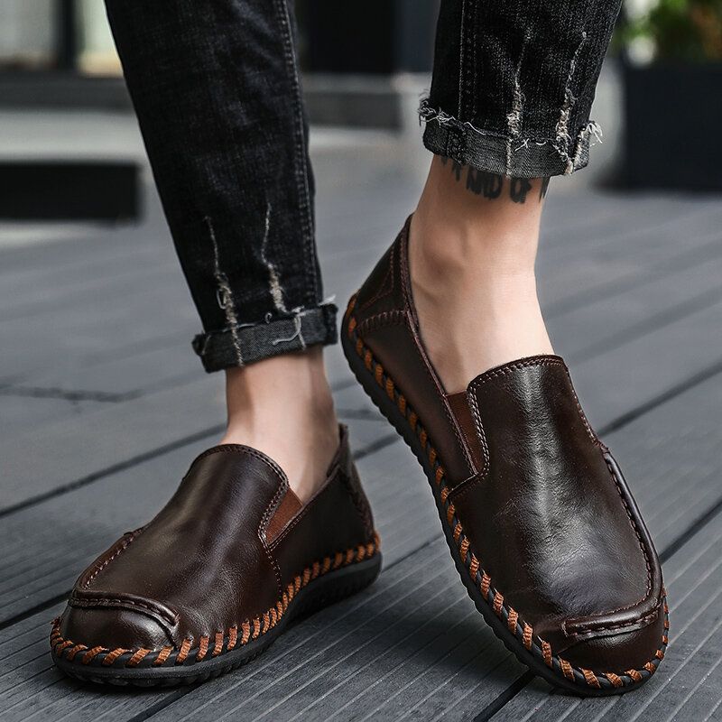 Zapatos Casuales De Costura A Mano Sin Cordones Antideslizantes De Cuero Suave De Color Puro Para Hombre