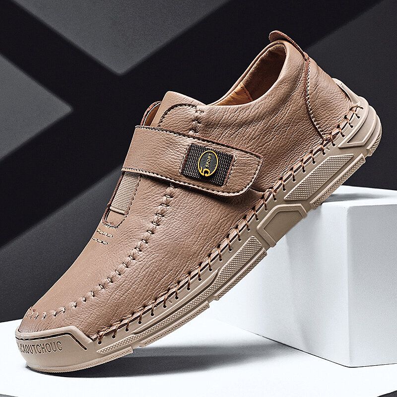 Zapatos Casuales Suaves Con Lazo De Gancho De Cuero De Microfibra Cosido A Mano Para Hombres