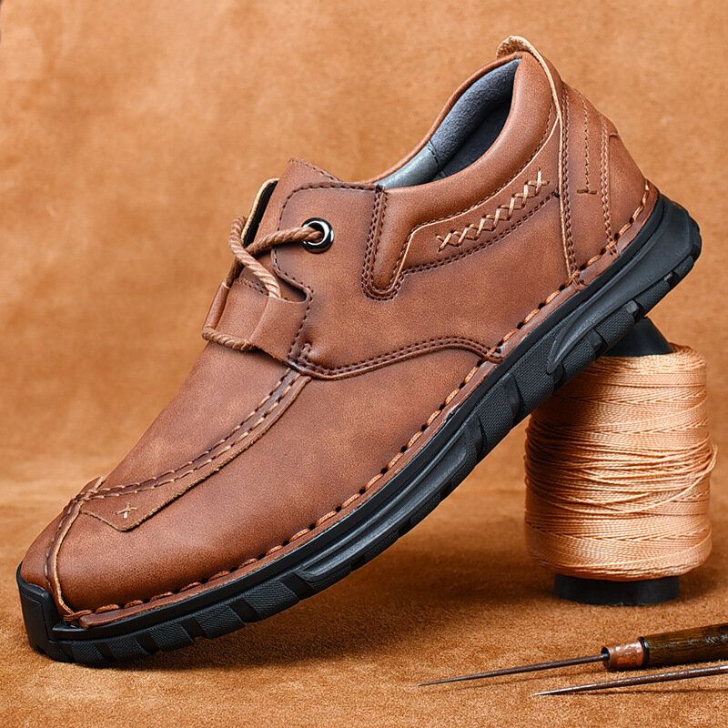 Zapatos Casuales De Suela Suave Antideslizante De Cuero De Vaca De Cosido A Mano Retro Para Hombres