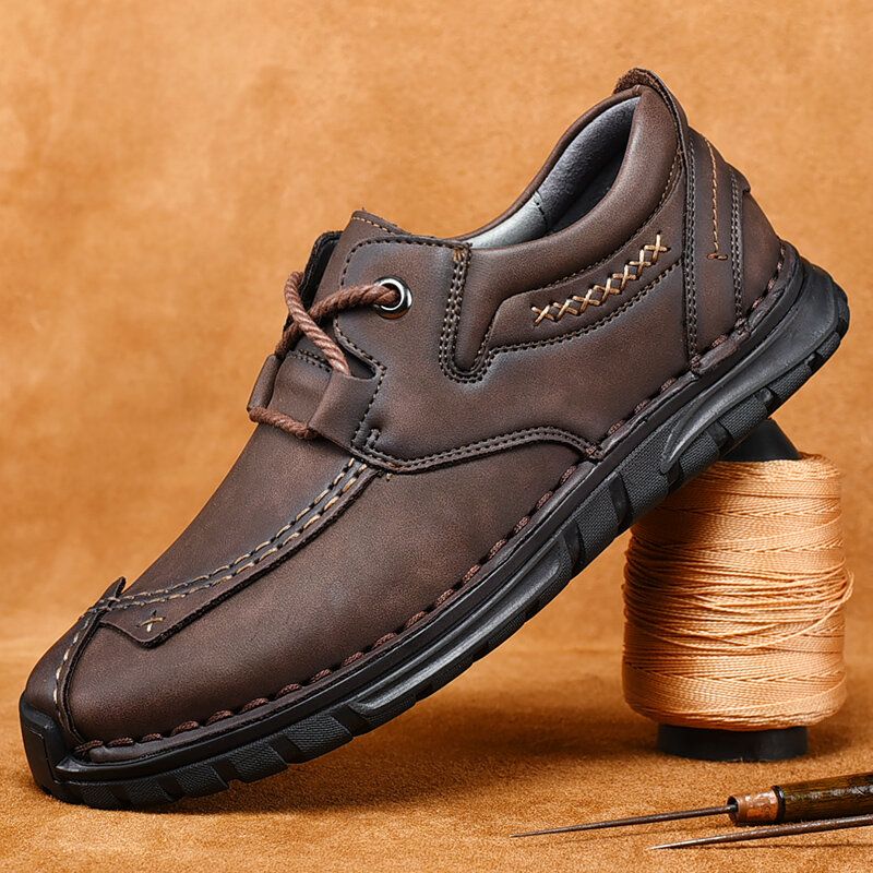 Zapatos Casuales De Suela Suave Antideslizante De Cuero De Vaca De Cosido A Mano Retro Para Hombres