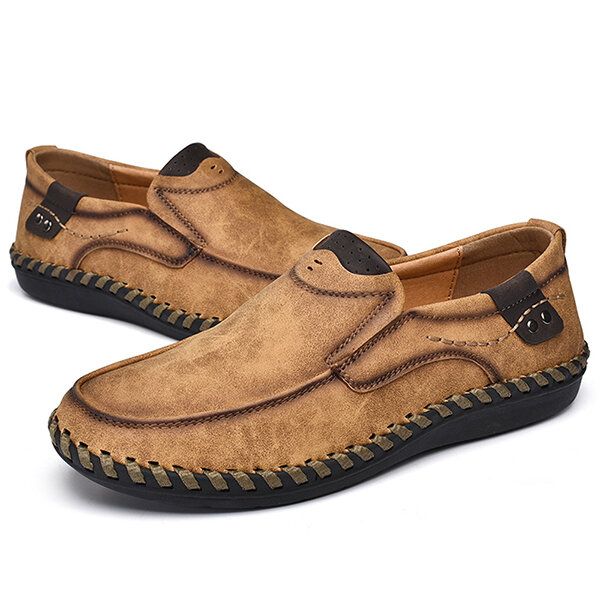 Zapatos Casuales De Suela Suave Para Hombre Con Costura A Mano De Cuero Sin Cordones