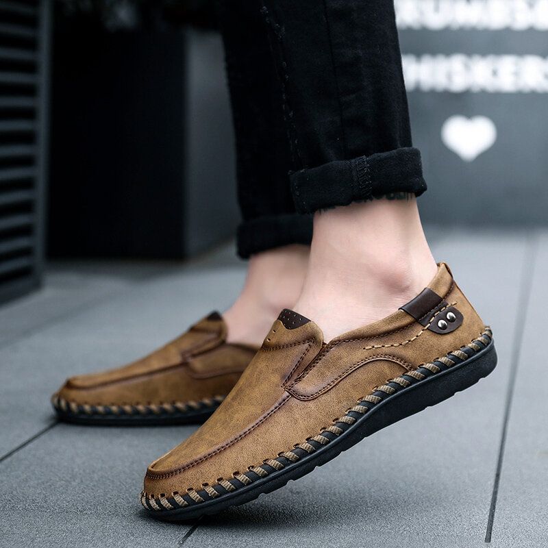 Zapatos Casuales De Suela Suave Para Hombre Con Costura A Mano De Cuero Sin Cordones