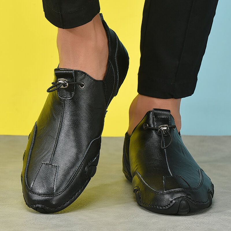 Zapatos De Conducción Casuales De Encaje Elástico Antideslizante Con Suela Suave De Cuero Genuino Para Hombres