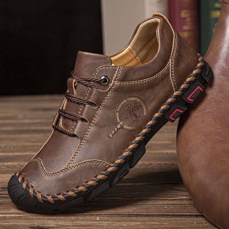 Zapatos De Cuero Casuales Antideslizantes Suaves Con Costura A Mano Para Hombres