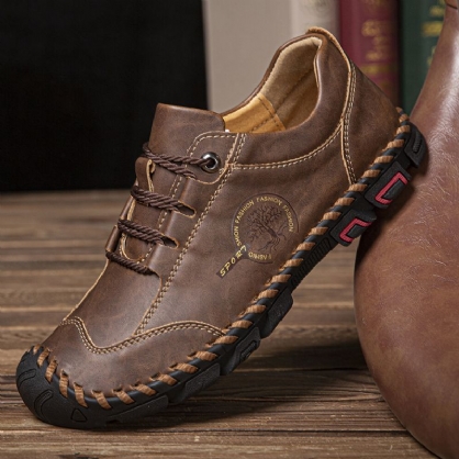 Zapatos De Cuero Casuales Antideslizantes Suaves Con Costura A Mano Para Hombres