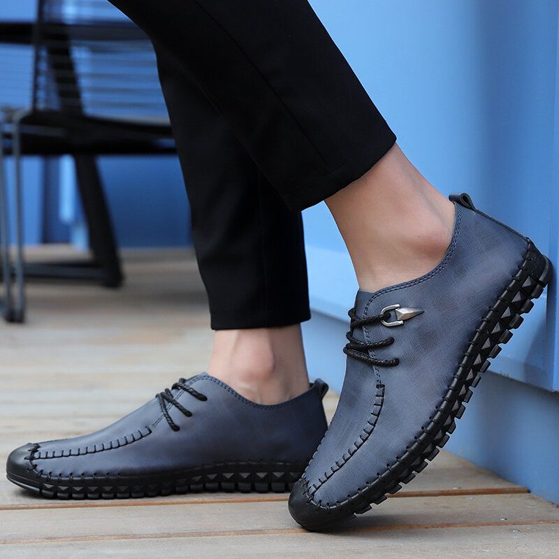 Zapatos De Cuero Casuales De Costura Hechos A Mano Con Cordones Suaves Antideslizantes Cómodos Para Hombres