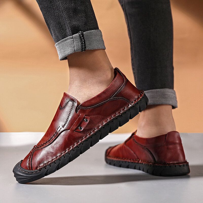 Zapatos De Cuero Informales De Negocios Con Suela Cómoda Antideslizante Para Hombres Cosidos A Mano