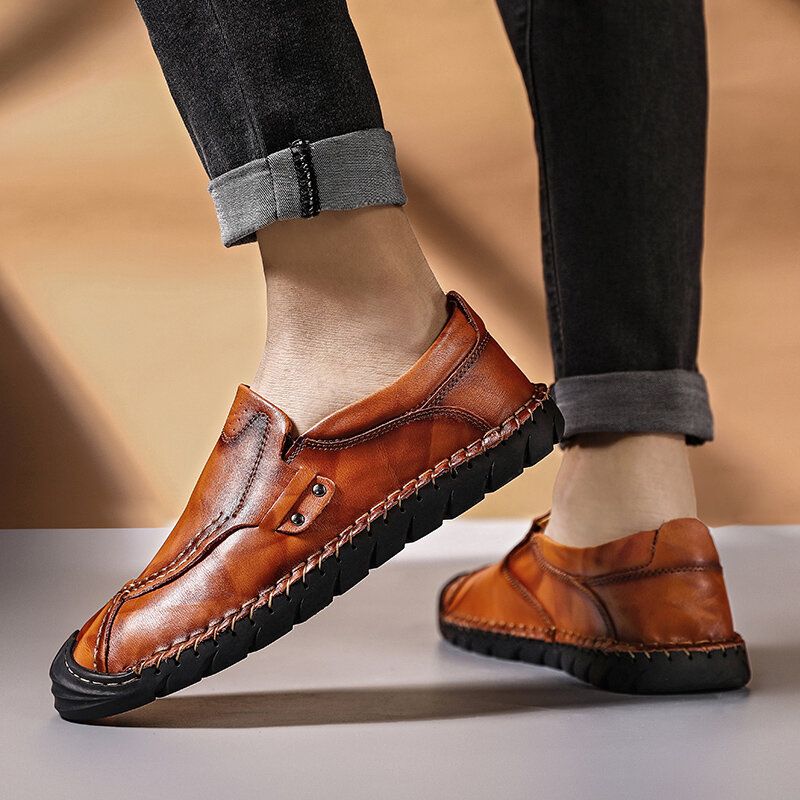 Zapatos De Cuero Informales De Negocios Con Suela Cómoda Antideslizante Para Hombres Cosidos A Mano