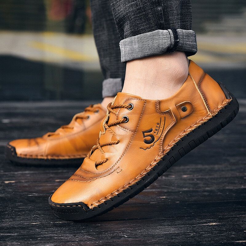 Zapatos De Cuero Informales De Negocios Suaves Con Punta De Goma Para Hombres Cosidos A Mano