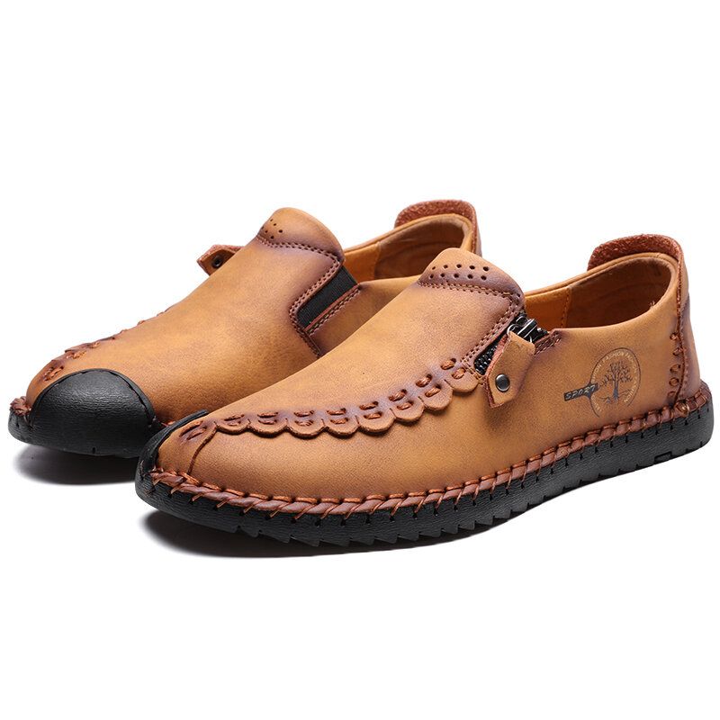 Zapatos De Cuero De Microfibra Suave Con Cremallera Lateral Casual Vintage Para Hombre