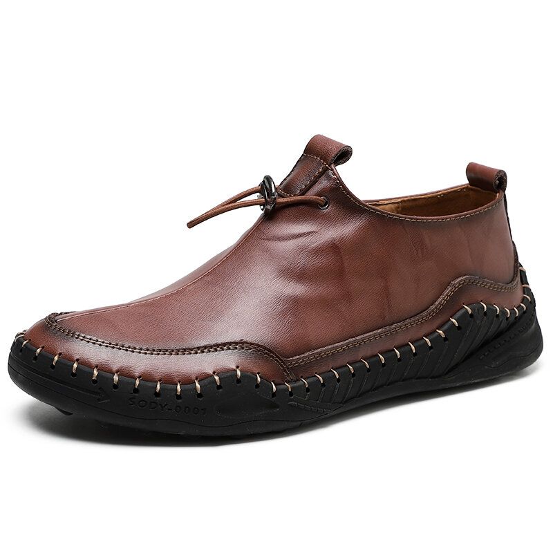 Zapatos De Cuero Planos Casuales De Ajuste Ancho Con Suela Suave Cómoda Y Costura A Mano De Color Puro Para Hombres