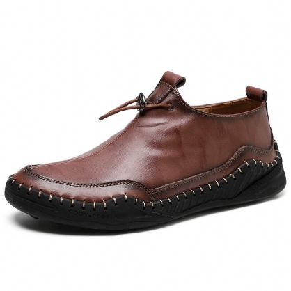 Zapatos De Cuero Planos Casuales De Ajuste Ancho Con Suela Suave Cómoda Y Costura A Mano De Color Puro Para Hombres