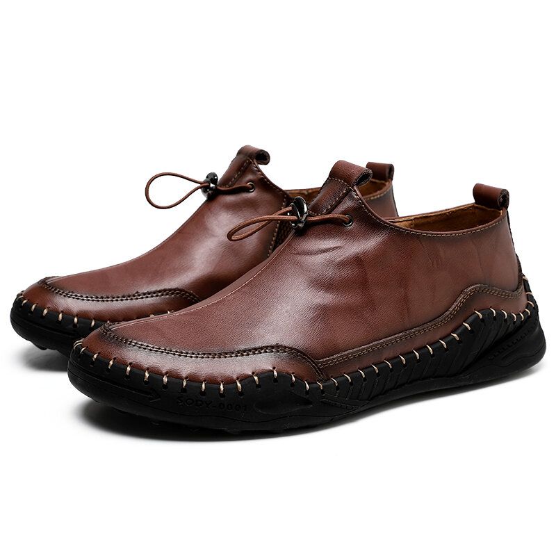 Zapatos De Cuero Planos Casuales De Ajuste Ancho Con Suela Suave Cómoda Y Costura A Mano De Color Puro Para Hombres