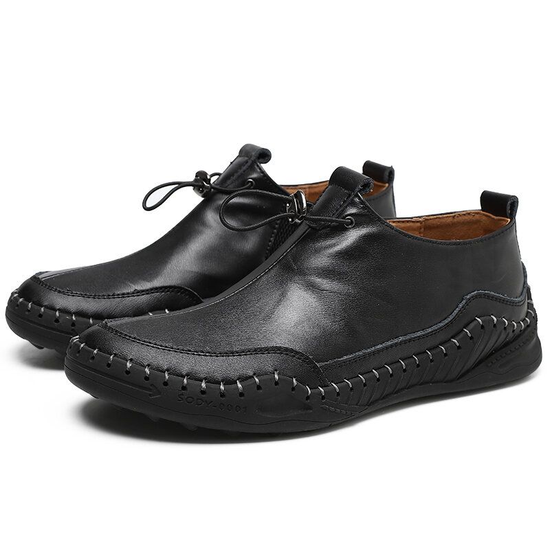 Zapatos De Cuero Planos Casuales De Ajuste Ancho Con Suela Suave Cómoda Y Costura A Mano De Color Puro Para Hombres