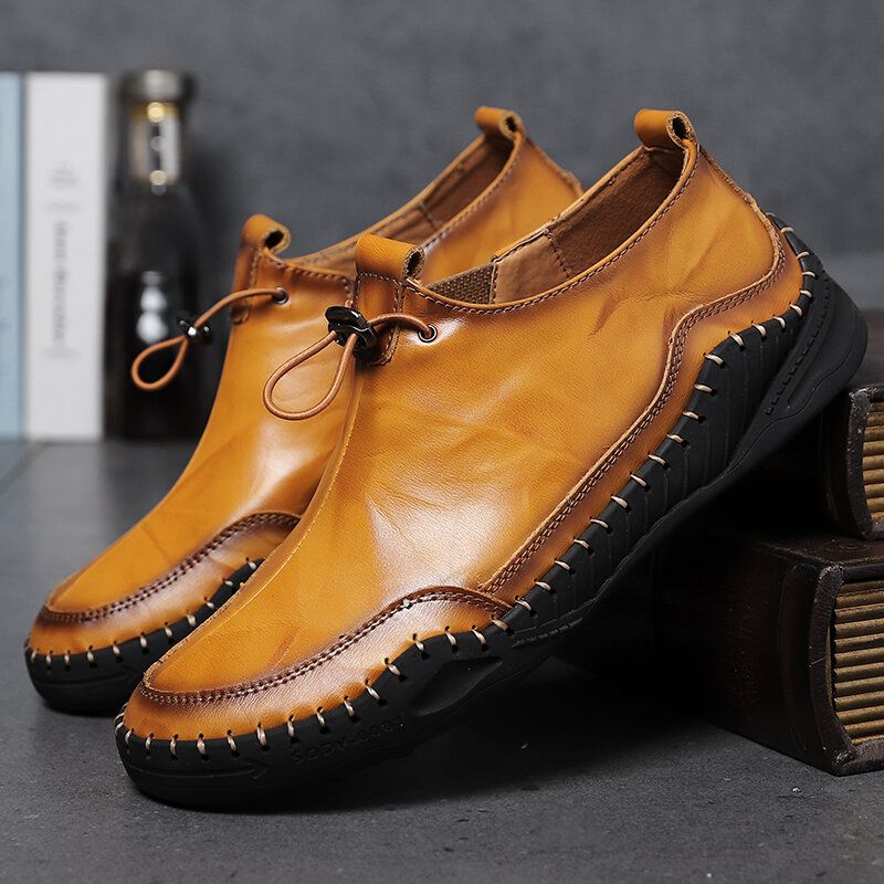 Zapatos De Cuero Planos Casuales De Ajuste Ancho Con Suela Suave Cómoda Y Costura A Mano De Color Puro Para Hombres