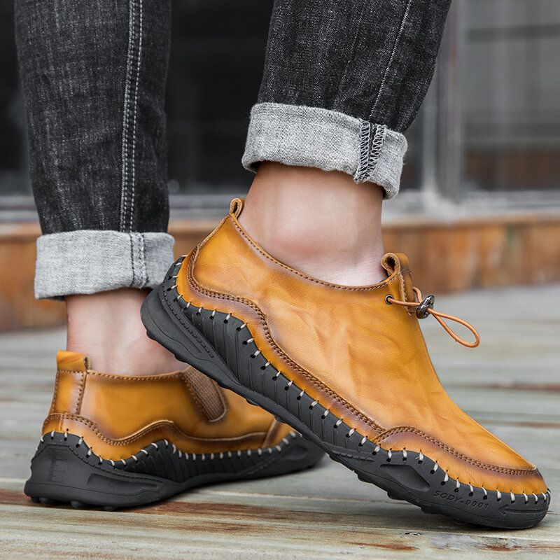 Zapatos De Cuero Planos Casuales De Ajuste Ancho Con Suela Suave Cómoda Y Costura A Mano De Color Puro Para Hombres