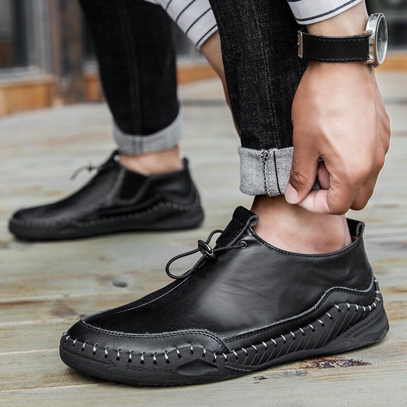 Zapatos De Cuero Planos Casuales De Ajuste Ancho Con Suela Suave Cómoda Y Costura A Mano De Color Puro Para Hombres