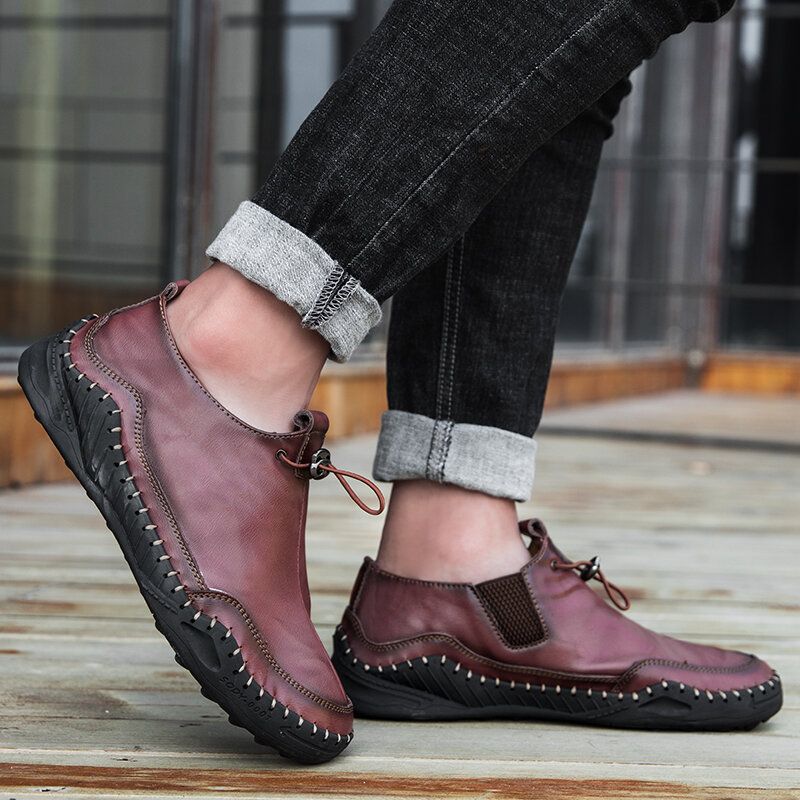 Zapatos De Cuero Planos Casuales De Ajuste Ancho Con Suela Suave Cómoda Y Costura A Mano De Color Puro Para Hombres