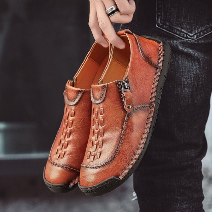 Zapatos Planos Casuales Antideslizantes Cómodos Con Detalle Tejido Cosido A Mano Para Hombres