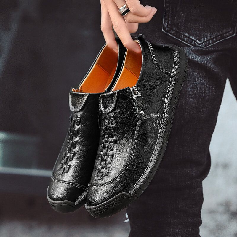 Zapatos Planos Casuales Antideslizantes Cómodos Con Detalle Tejido Cosido A Mano Para Hombres