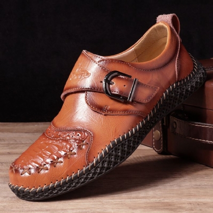 Zapatos Planos Casuales Cómodos Con Costura A Mano Para Hombres Suela Suave Hebilla Correa